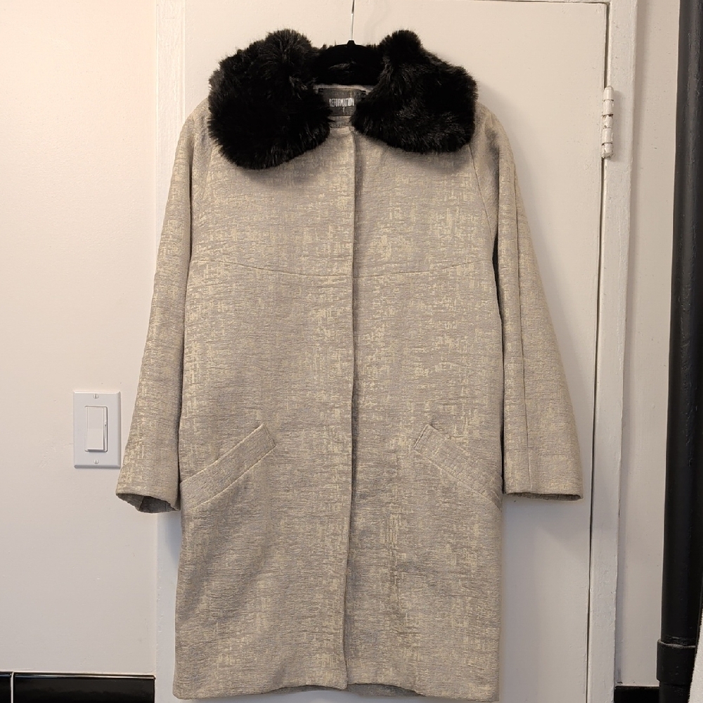 Reformation Rockefeller Faux Fur Collar Jacquard Vintage Style Coat Size S